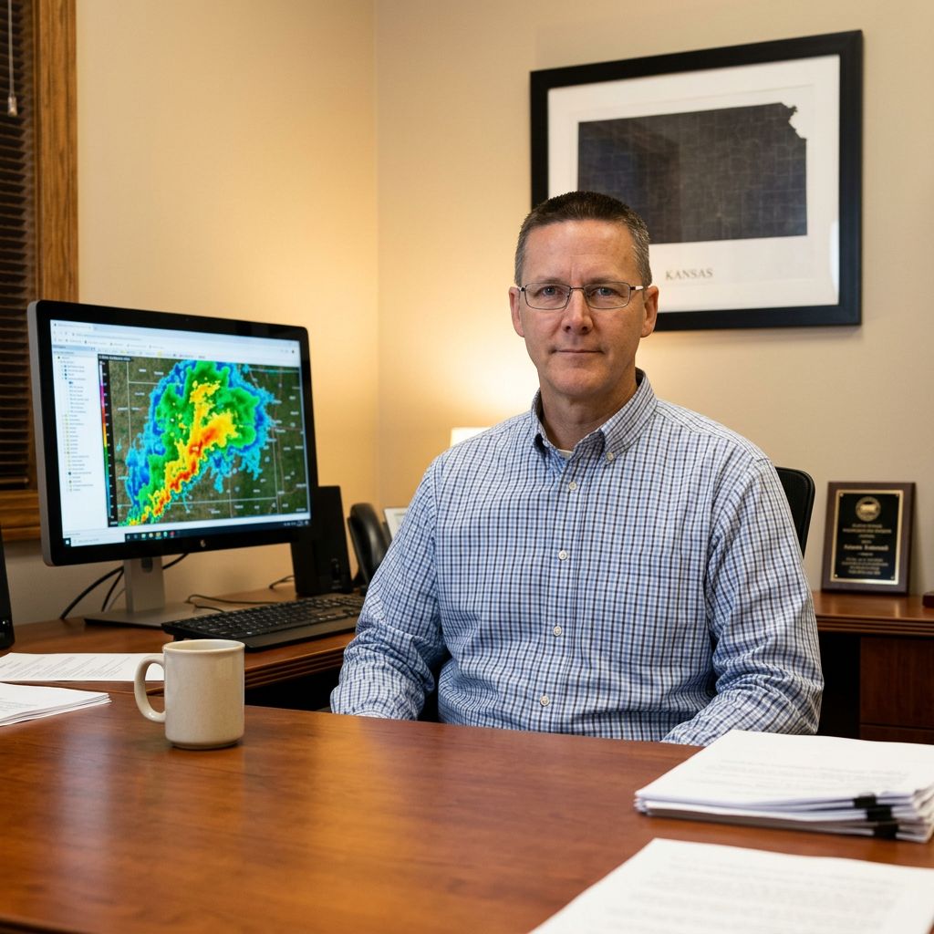 Steve McKay at his desk monitoring active storm systems